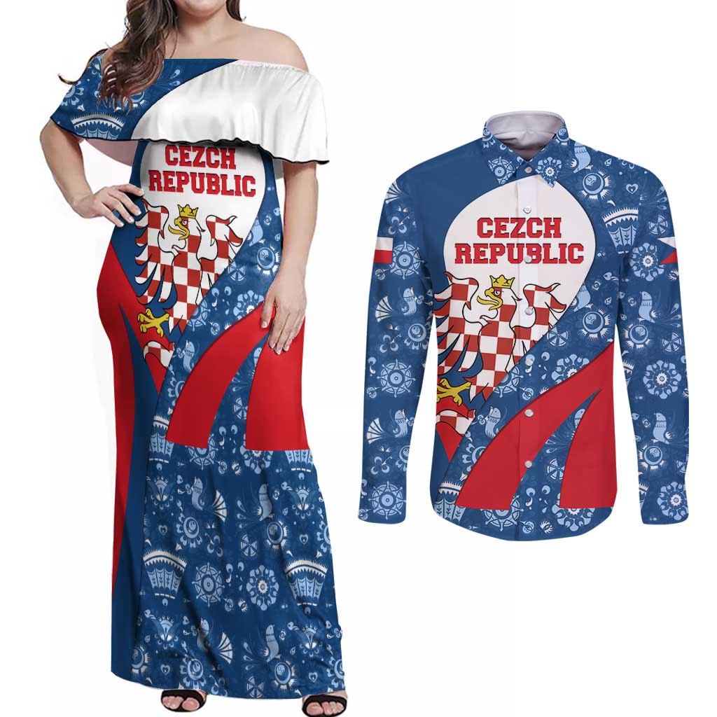 Czech Republic Couples Matching Off Shoulder Maxi Dress and Long Sleeve Button Shirt with Blue Red Folk Pattern Design and National Lion Emblem - Wonder Print Shop