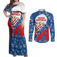Czech Republic Couples Matching Off Shoulder Maxi Dress and Long Sleeve Button Shirt with Blue Red Folk Pattern Design and National Lion Emblem - Wonder Print Shop