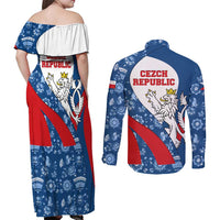 Czech Republic Couples Matching Off Shoulder Maxi Dress and Long Sleeve Button Shirt with Blue Red Folk Pattern Design and National Lion Emblem - Wonder Print Shop