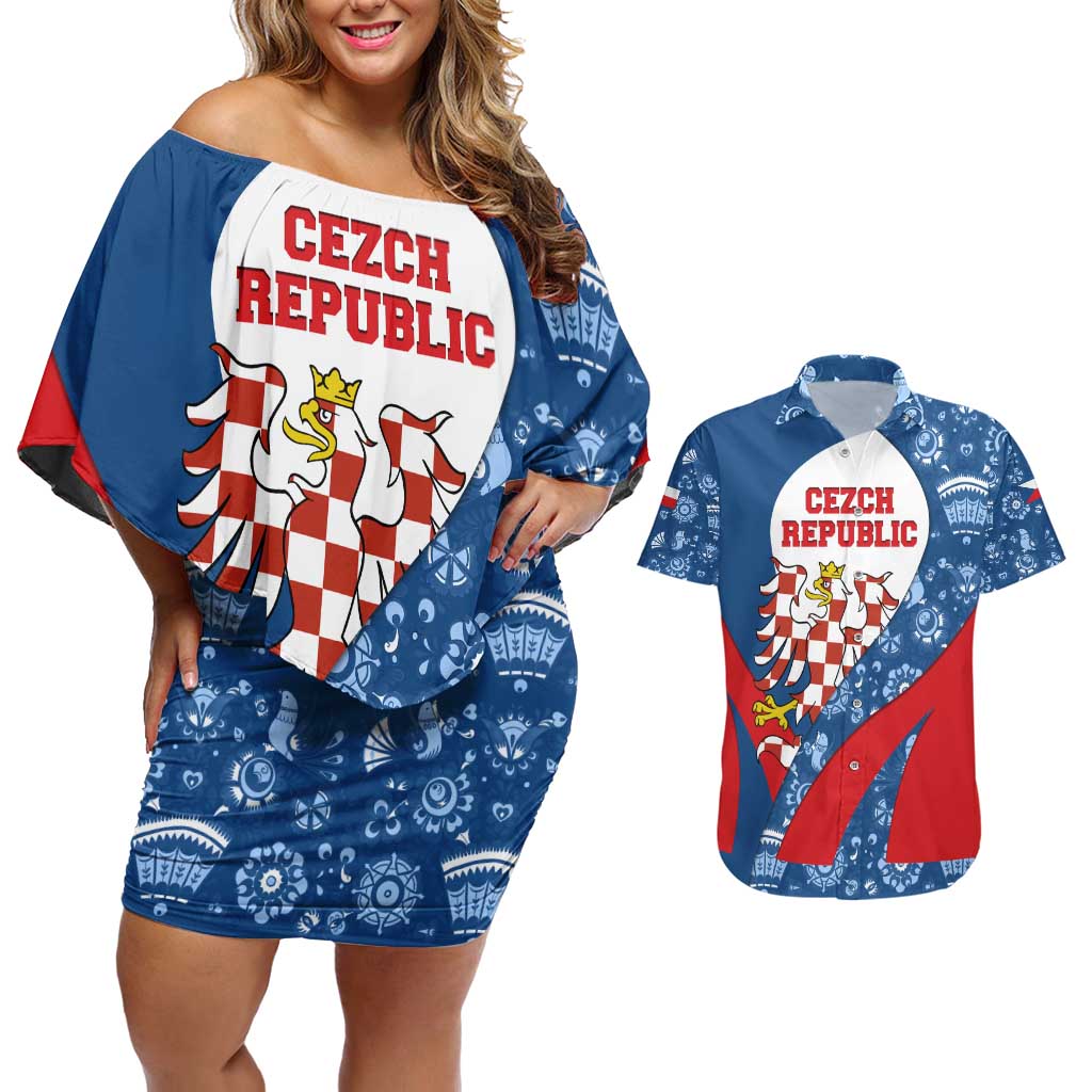 Czech Republic Couples Matching Off Shoulder Short Dress and Hawaiian Shirt with Blue Red Folk Pattern Design and National Lion Emblem - Wonder Print Shop