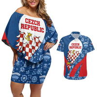 Czech Republic Couples Matching Off Shoulder Short Dress and Hawaiian Shirt with Blue Red Folk Pattern Design and National Lion Emblem - Wonder Print Shop