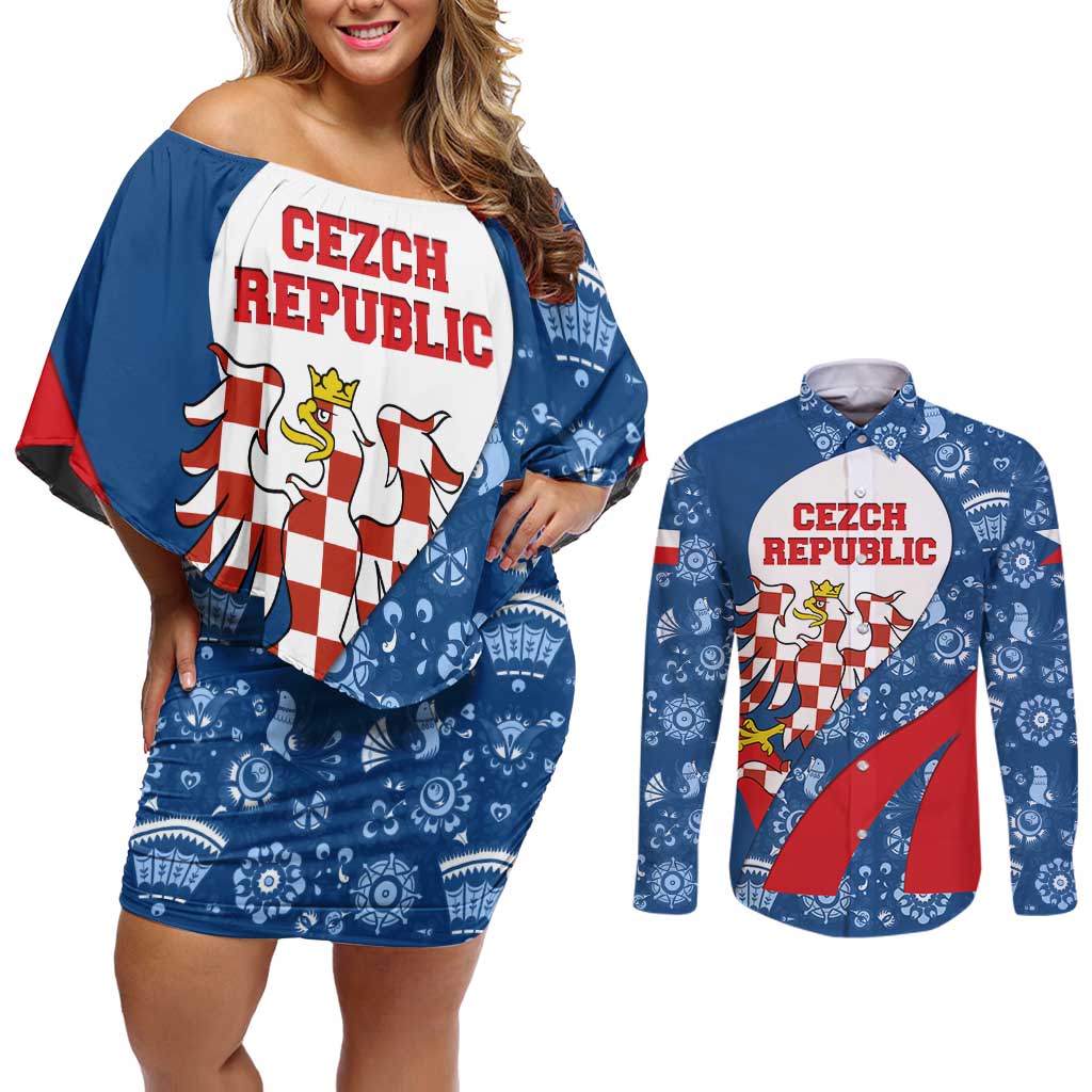 Czech Republic Couples Matching Off Shoulder Short Dress and Long Sleeve Button Shirt with Blue Red Folk Pattern Design and National Lion Emblem - Wonder Print Shop