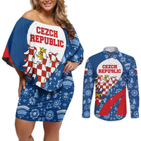 Czech Republic Couples Matching Off Shoulder Short Dress and Long Sleeve Button Shirt with Blue Red Folk Pattern Design and National Lion Emblem - Wonder Print Shop