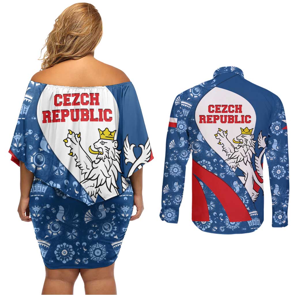 Czech Republic Couples Matching Off Shoulder Short Dress and Long Sleeve Button Shirt with Blue Red Folk Pattern Design and National Lion Emblem - Wonder Print Shop