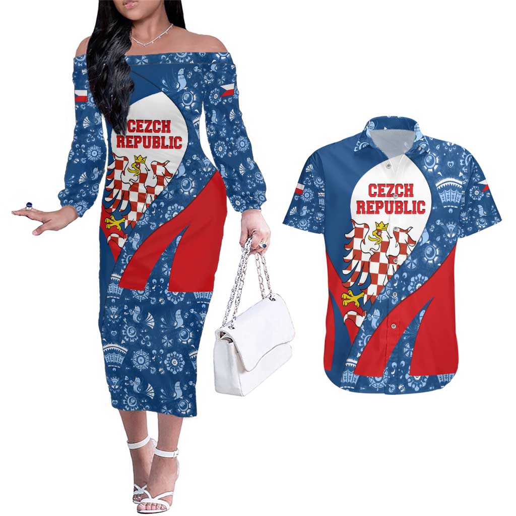 Czech Republic Couples Matching Off The Shoulder Long Sleeve Dress and Hawaiian Shirt with Blue Red Folk Pattern Design and National Lion Emblem - Wonder Print Shop