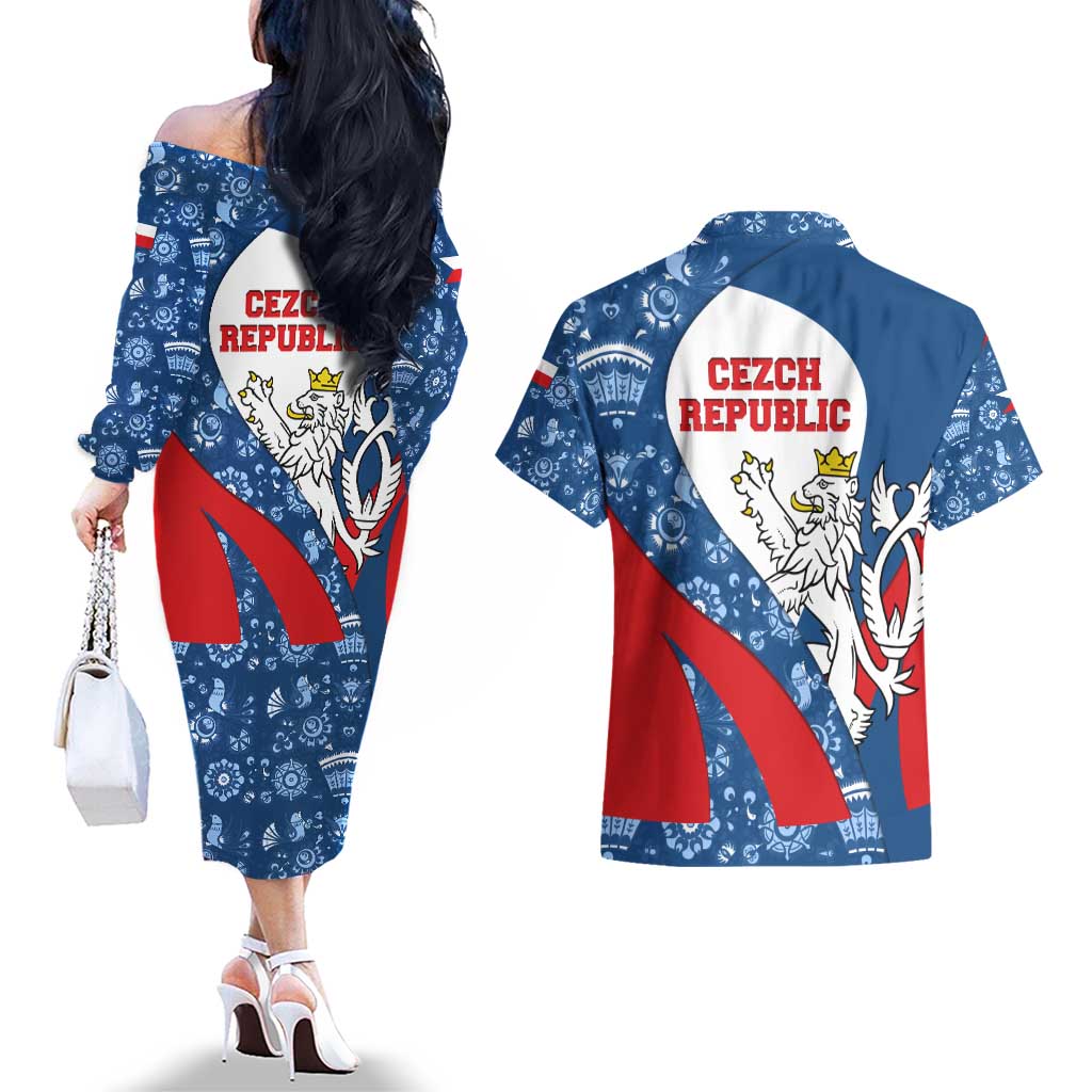 Czech Republic Couples Matching Off The Shoulder Long Sleeve Dress and Hawaiian Shirt with Blue Red Folk Pattern Design and National Lion Emblem - Wonder Print Shop