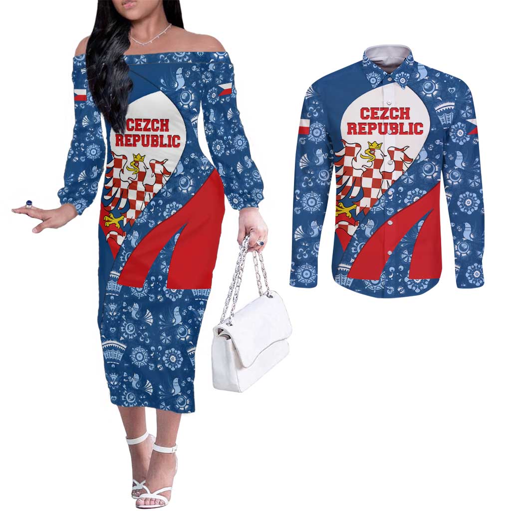 Czech Republic Couples Matching Off The Shoulder Long Sleeve Dress and Long Sleeve Button Shirt with Blue Red Folk Pattern Design and National Lion Emblem - Wonder Print Shop