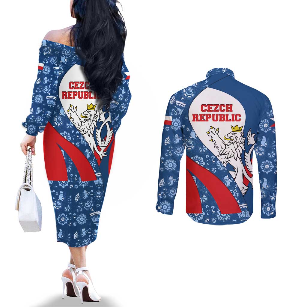 Czech Republic Couples Matching Off The Shoulder Long Sleeve Dress and Long Sleeve Button Shirt with Blue Red Folk Pattern Design and National Lion Emblem - Wonder Print Shop