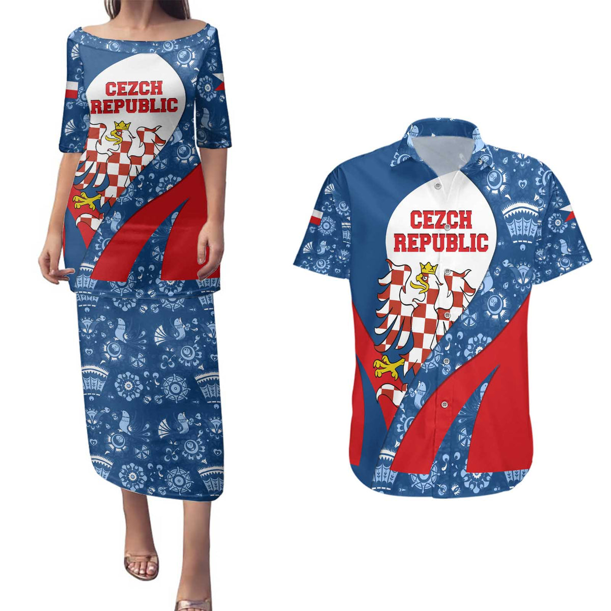 Czech Republic Couples Matching Puletasi and Hawaiian Shirt with Blue Red Folk Pattern Design and National Lion Emblem - Wonder Print Shop