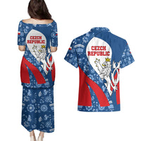 Czech Republic Couples Matching Puletasi and Hawaiian Shirt with Blue Red Folk Pattern Design and National Lion Emblem - Wonder Print Shop