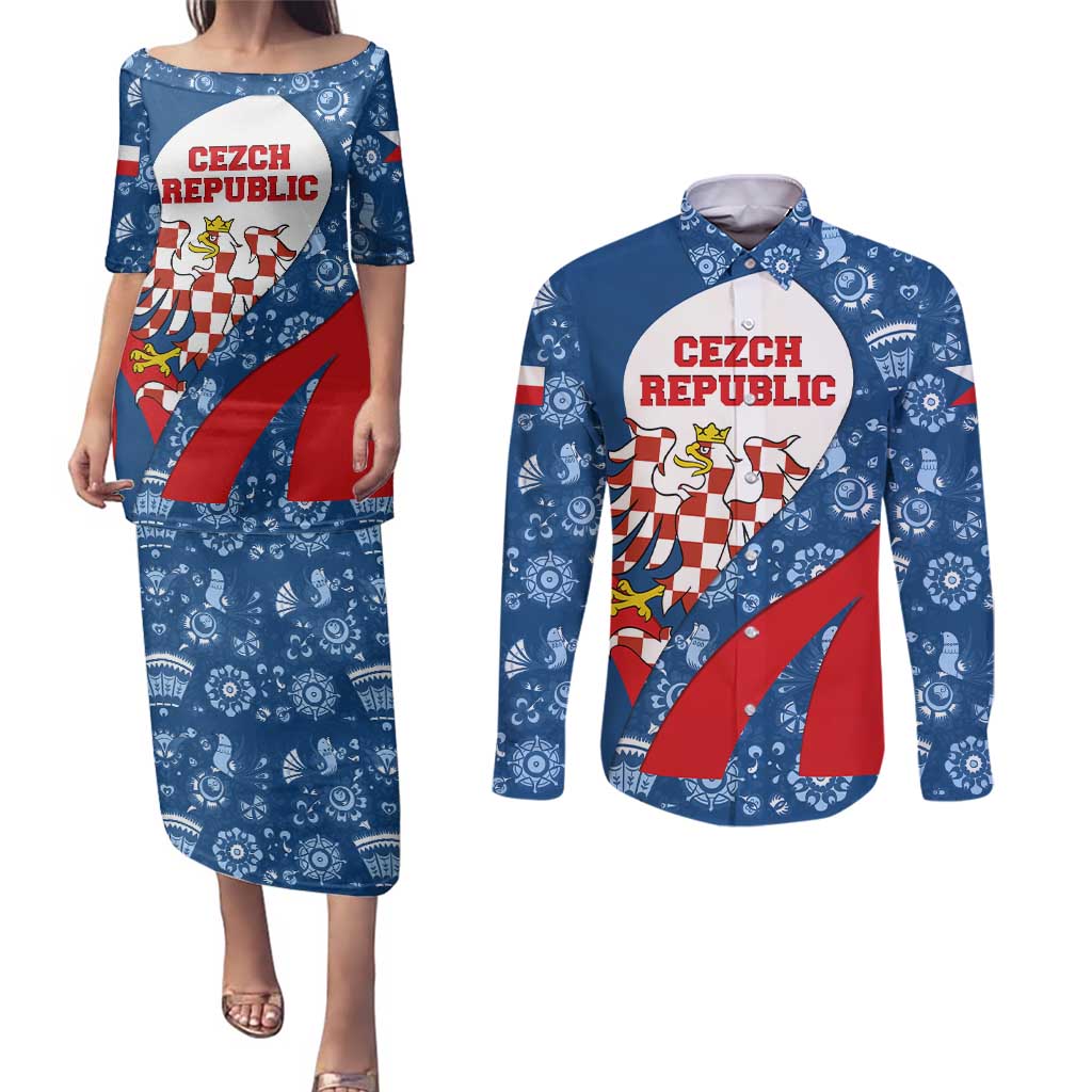 Czech Republic Couples Matching Puletasi and Long Sleeve Button Shirt with Blue Red Folk Pattern Design and National Lion Emblem - Wonder Print Shop