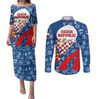 Czech Republic Couples Matching Puletasi and Long Sleeve Button Shirt with Blue Red Folk Pattern Design and National Lion Emblem - Wonder Print Shop