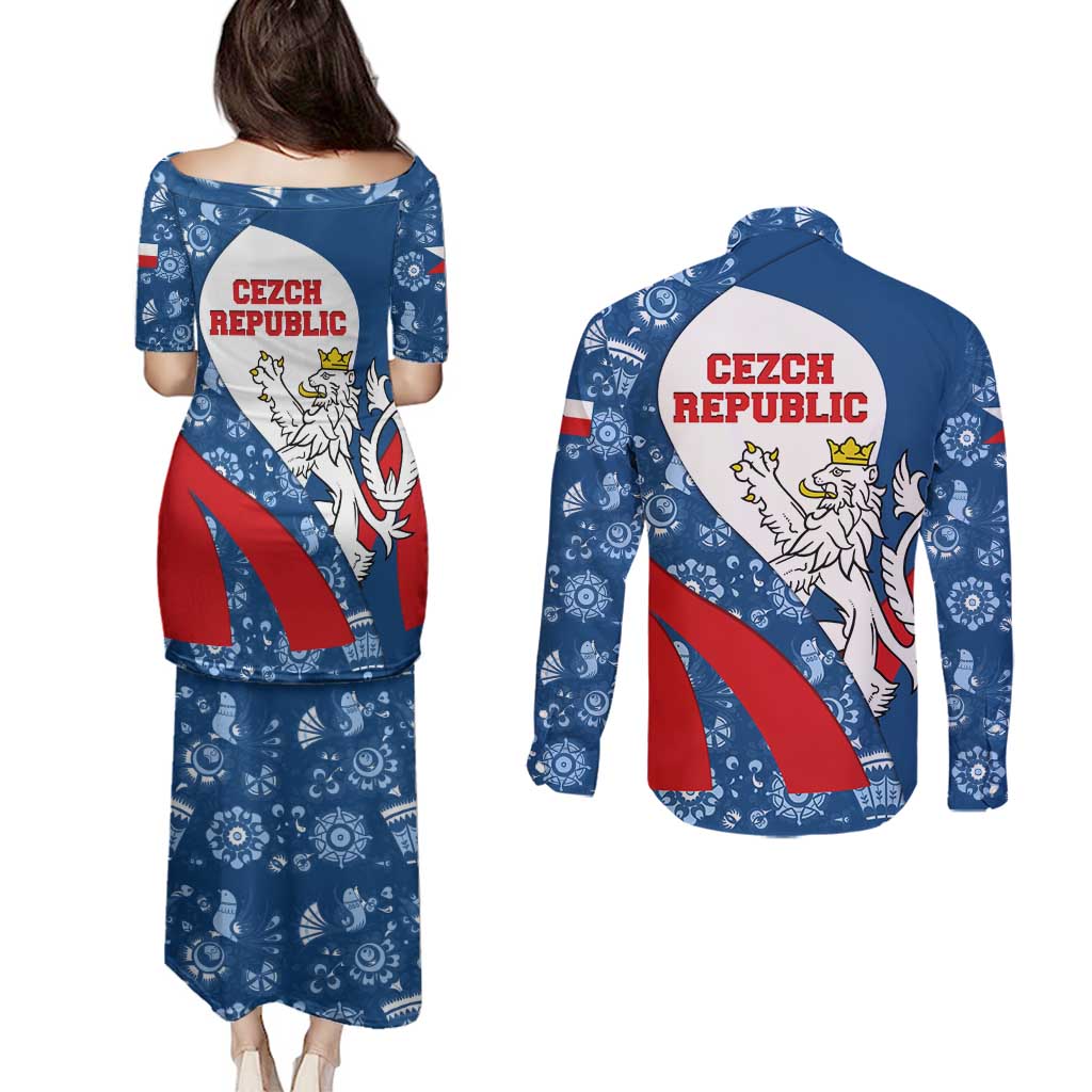 Czech Republic Couples Matching Puletasi and Long Sleeve Button Shirt with Blue Red Folk Pattern Design and National Lion Emblem - Wonder Print Shop