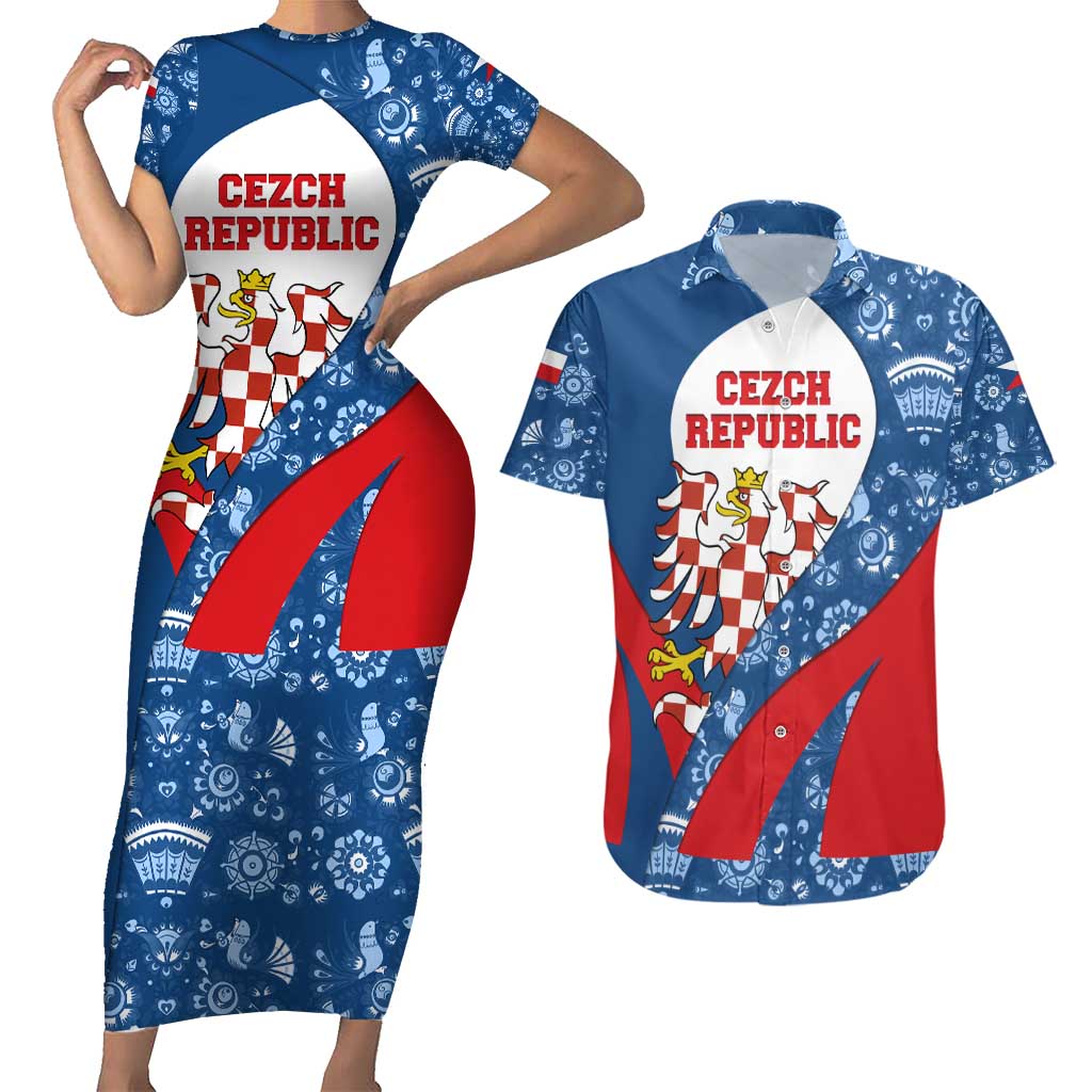Czech Republic Couples Matching Short Sleeve Bodycon Dress and Hawaiian Shirt with Blue Red Folk Pattern Design and National Lion Emblem - Wonder Print Shop