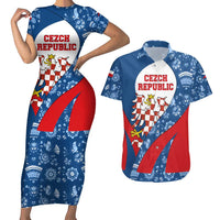 Czech Republic Couples Matching Short Sleeve Bodycon Dress and Hawaiian Shirt with Blue Red Folk Pattern Design and National Lion Emblem - Wonder Print Shop
