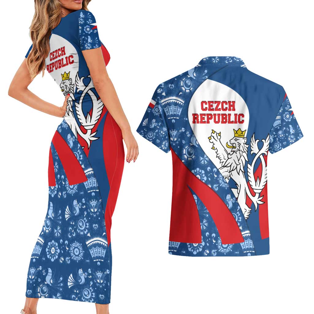 Czech Republic Couples Matching Short Sleeve Bodycon Dress and Hawaiian Shirt with Blue Red Folk Pattern Design and National Lion Emblem - Wonder Print Shop