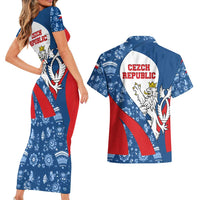 Czech Republic Couples Matching Short Sleeve Bodycon Dress and Hawaiian Shirt with Blue Red Folk Pattern Design and National Lion Emblem - Wonder Print Shop