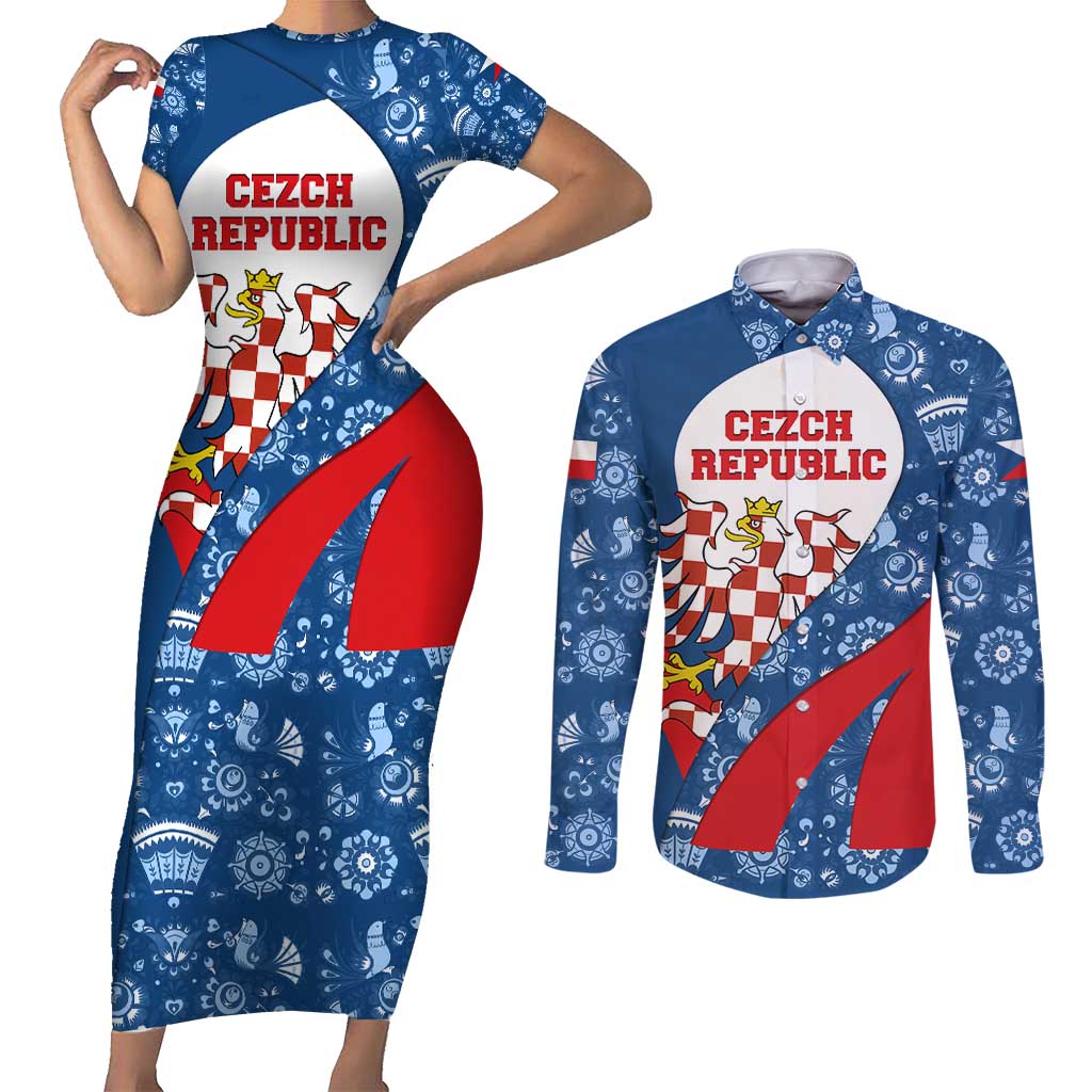 Czech Republic Couples Matching Short Sleeve Bodycon Dress and Long Sleeve Button Shirt with Blue Red Folk Pattern Design and National Lion Emblem - Wonder Print Shop