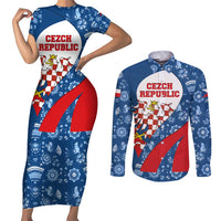 Czech Republic Couples Matching Short Sleeve Bodycon Dress and Long Sleeve Button Shirt with Blue Red Folk Pattern Design and National Lion Emblem - Wonder Print Shop