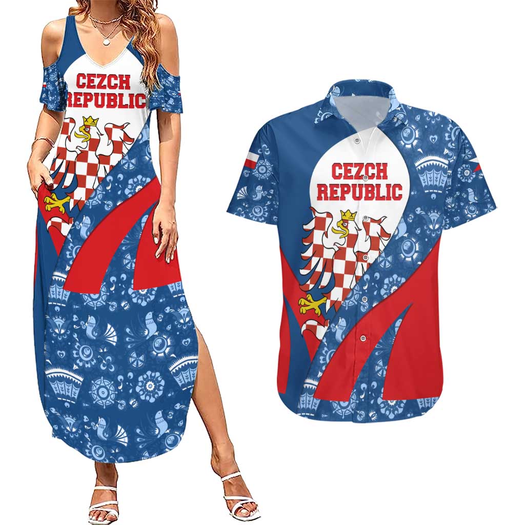 Czech Republic Couples Matching Summer Maxi Dress and Hawaiian Shirt with Blue Red Folk Pattern Design and National Lion Emblem - Wonder Print Shop