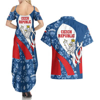 Czech Republic Couples Matching Summer Maxi Dress and Hawaiian Shirt with Blue Red Folk Pattern Design and National Lion Emblem - Wonder Print Shop