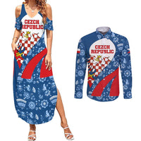 Czech Republic Couples Matching Summer Maxi Dress and Long Sleeve Button Shirt with Blue Red Folk Pattern Design and National Lion Emblem - Wonder Print Shop