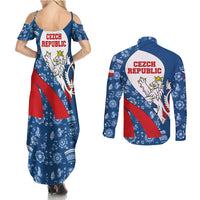 Czech Republic Couples Matching Summer Maxi Dress and Long Sleeve Button Shirt with Blue Red Folk Pattern Design and National Lion Emblem - Wonder Print Shop