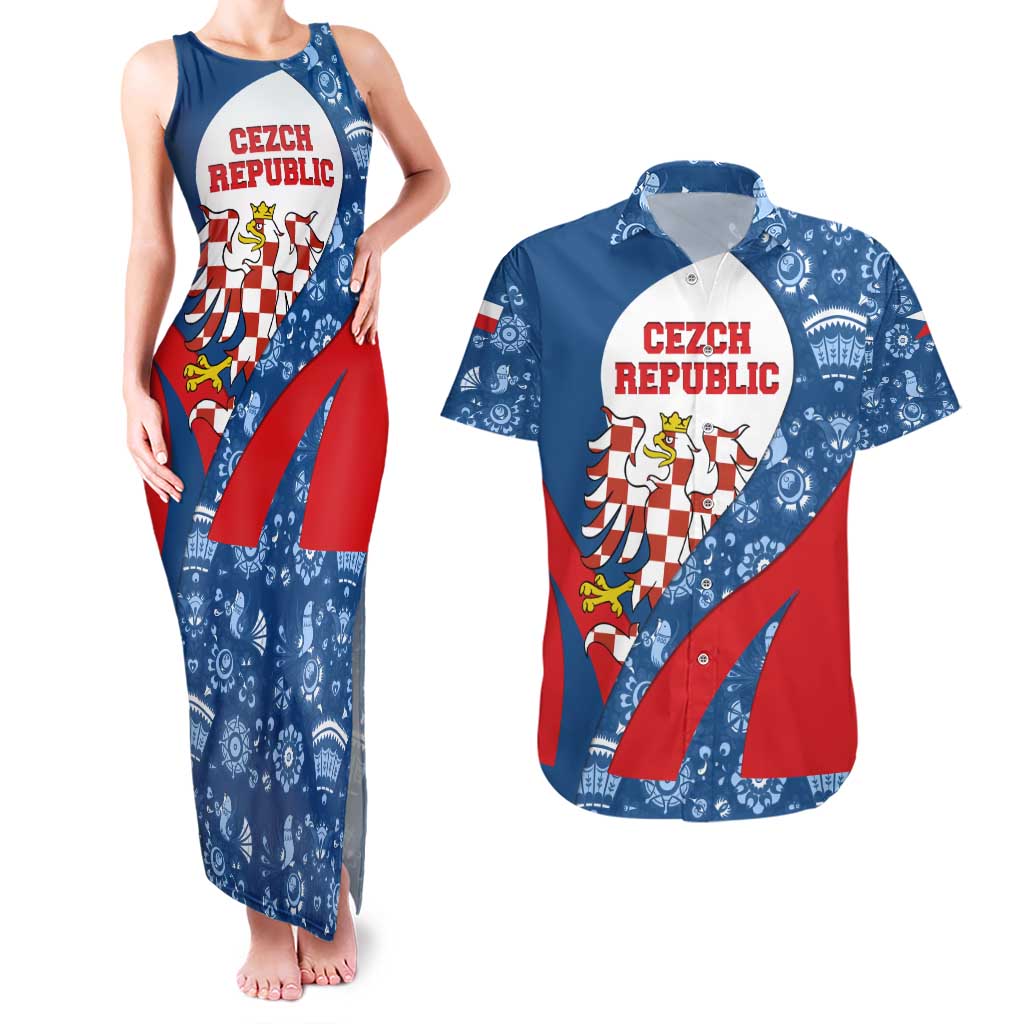 Czech Republic Couples Matching Tank Maxi Dress and Hawaiian Shirt with Blue Red Folk Pattern Design and National Lion Emblem - Wonder Print Shop