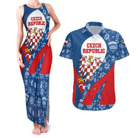 Czech Republic Couples Matching Tank Maxi Dress and Hawaiian Shirt with Blue Red Folk Pattern Design and National Lion Emblem - Wonder Print Shop