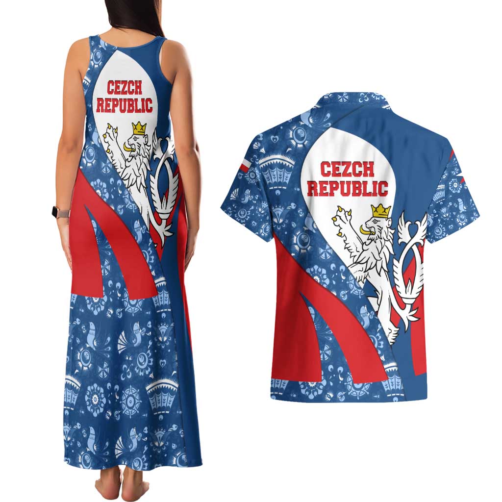 Czech Republic Couples Matching Tank Maxi Dress and Hawaiian Shirt with Blue Red Folk Pattern Design and National Lion Emblem - Wonder Print Shop