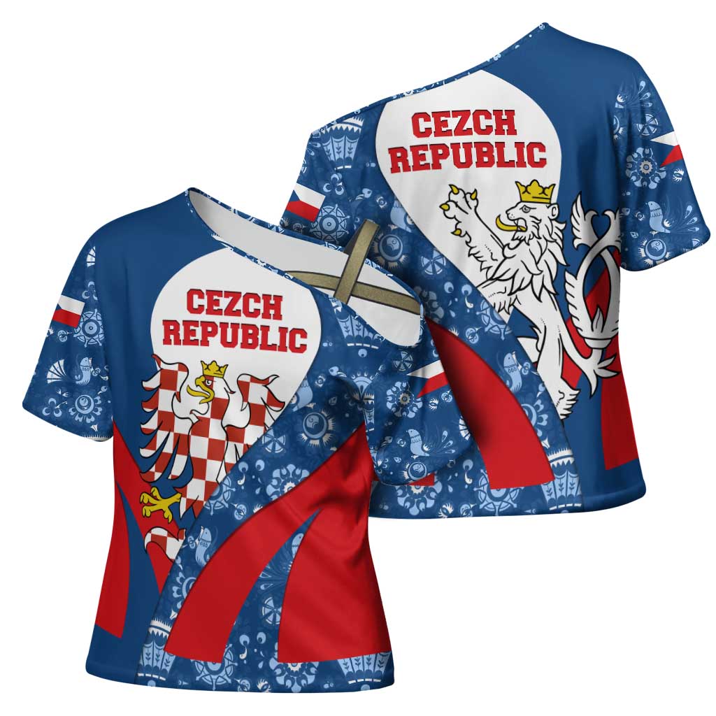 Czech Republic Cross Shoulder Shirt with Blue Red Folk Pattern Design and National Lion Emblem - Wonder Print Shop