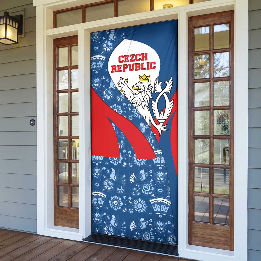 Czech Republic Door Cover with Blue Red Folk Pattern Design and National Lion Emblem - Wonder Print Shop