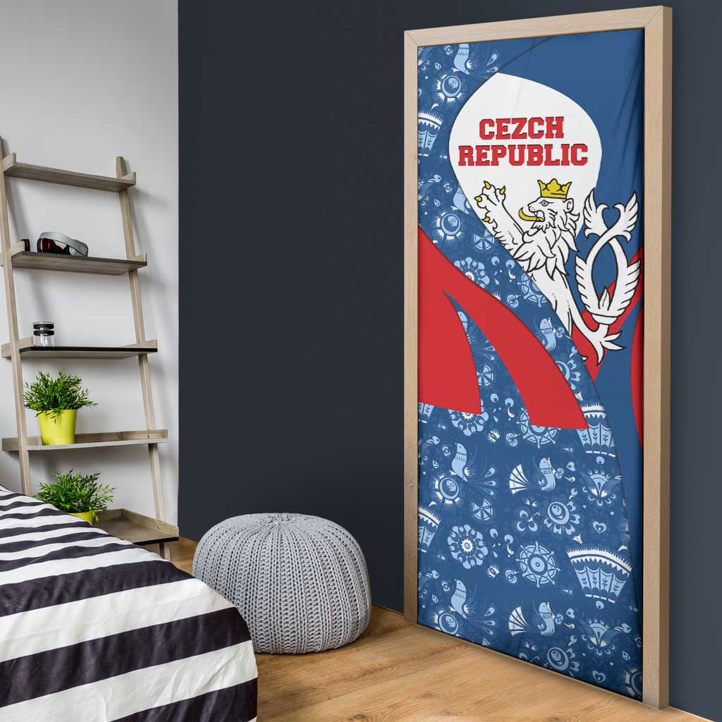 Czech Republic Door Cover with Blue Red Folk Pattern Design and National Lion Emblem - Wonder Print Shop