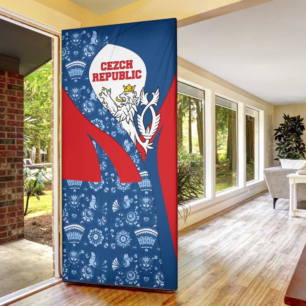 Czech Republic Door Cover with Blue Red Folk Pattern Design and National Lion Emblem - Wonder Print Shop