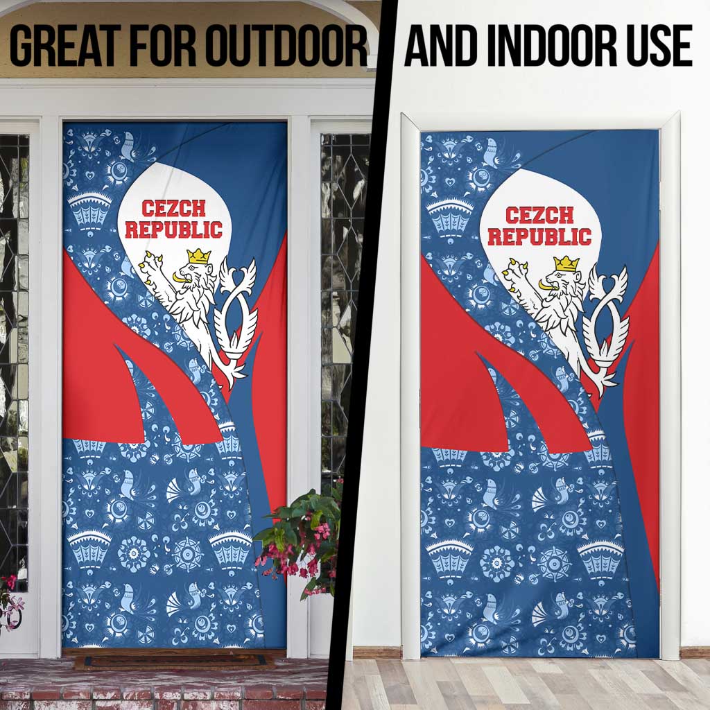 Czech Republic Door Cover with Blue Red Folk Pattern Design and National Lion Emblem - Wonder Print Shop