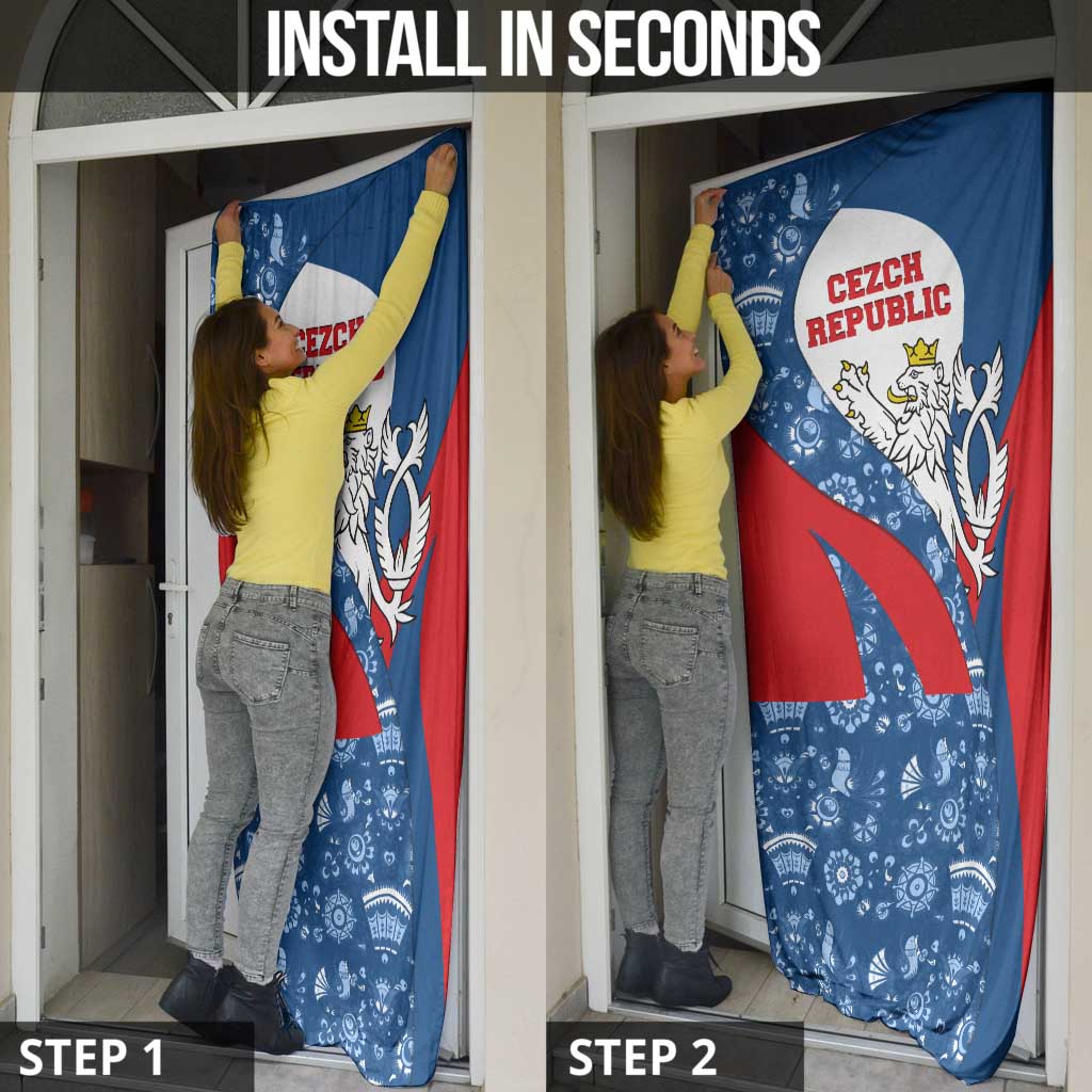 Czech Republic Door Cover with Blue Red Folk Pattern Design and National Lion Emblem - Wonder Print Shop