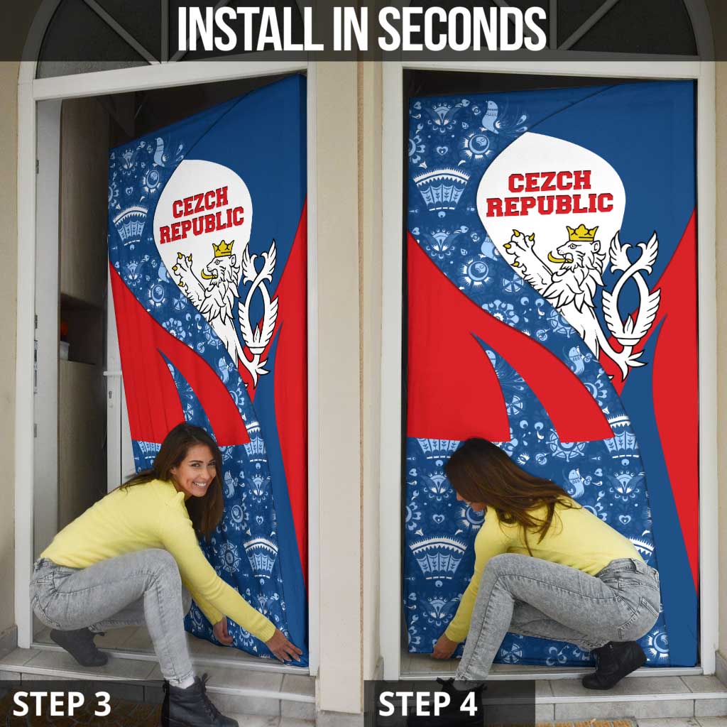 Czech Republic Door Cover with Blue Red Folk Pattern Design and National Lion Emblem - Wonder Print Shop