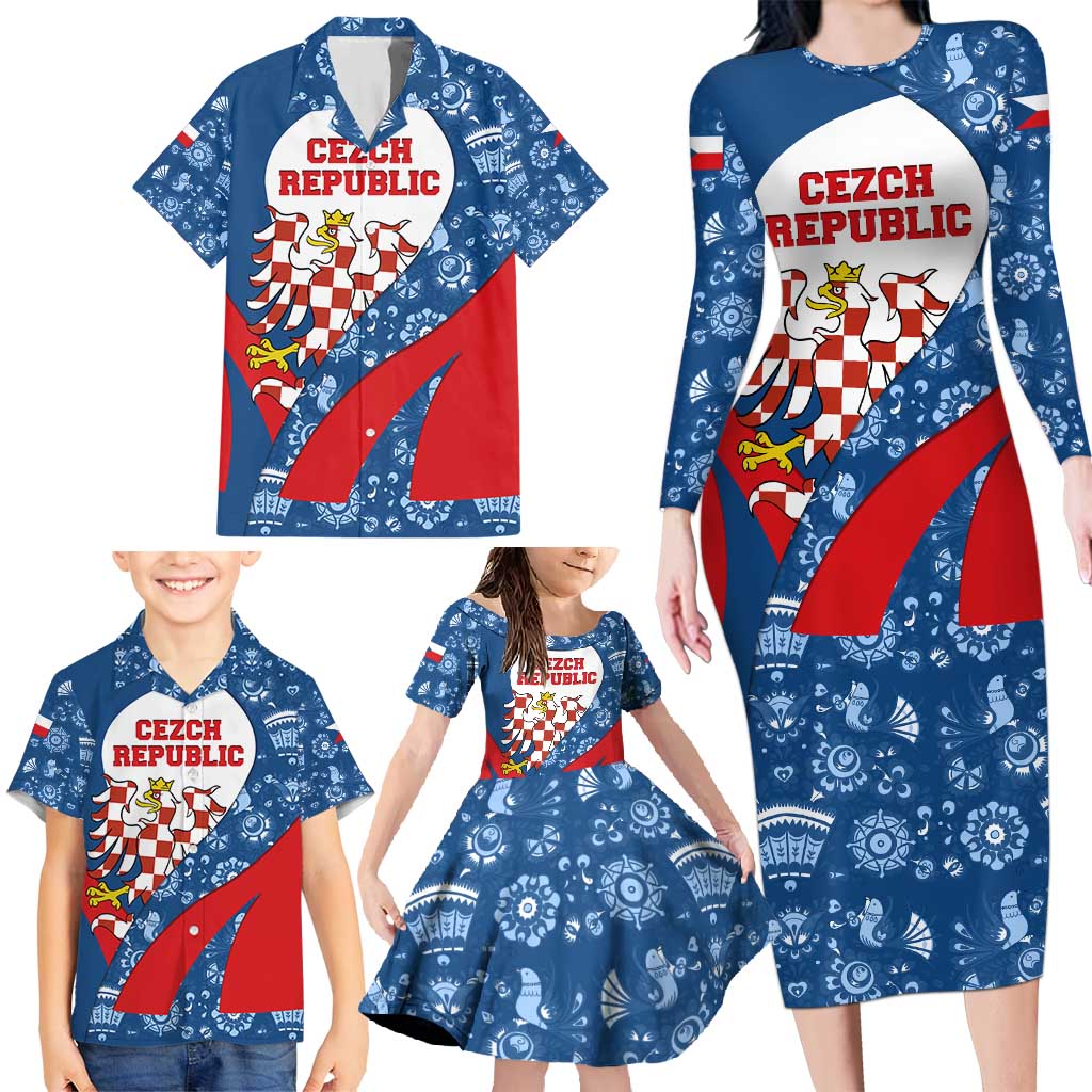 Czech Republic Family Matching Long Sleeve Bodycon Dress and Hawaiian Shirt with Blue Red Folk Pattern Design and National Lion Emblem - Wonder Print Shop