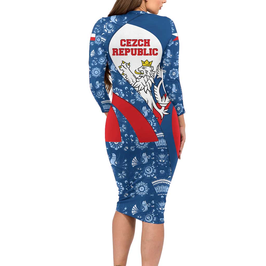 Czech Republic Family Matching Long Sleeve Bodycon Dress and Hawaiian Shirt with Blue Red Folk Pattern Design and National Lion Emblem - Wonder Print Shop