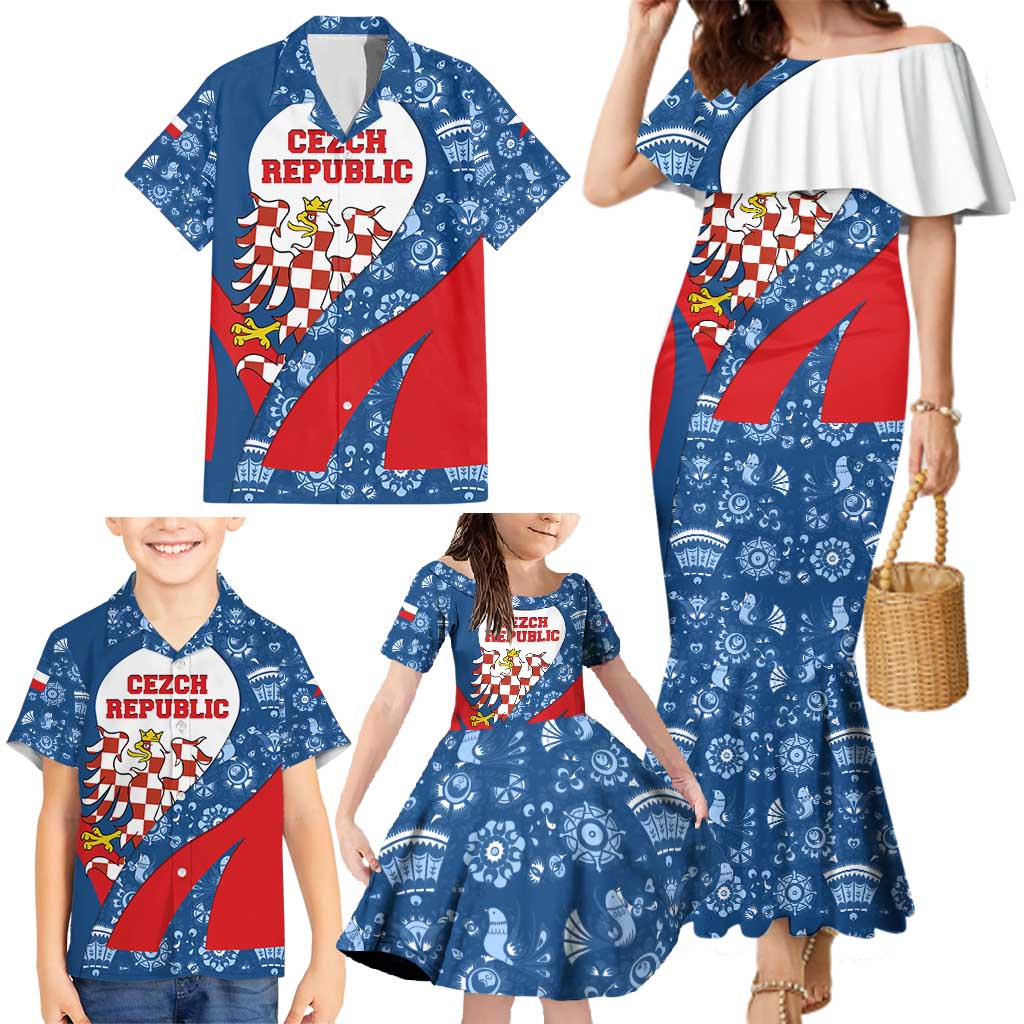 Czech Republic Family Matching Mermaid Dress and Hawaiian Shirt with Blue Red Folk Pattern Design and National Lion Emblem - Wonder Print Shop