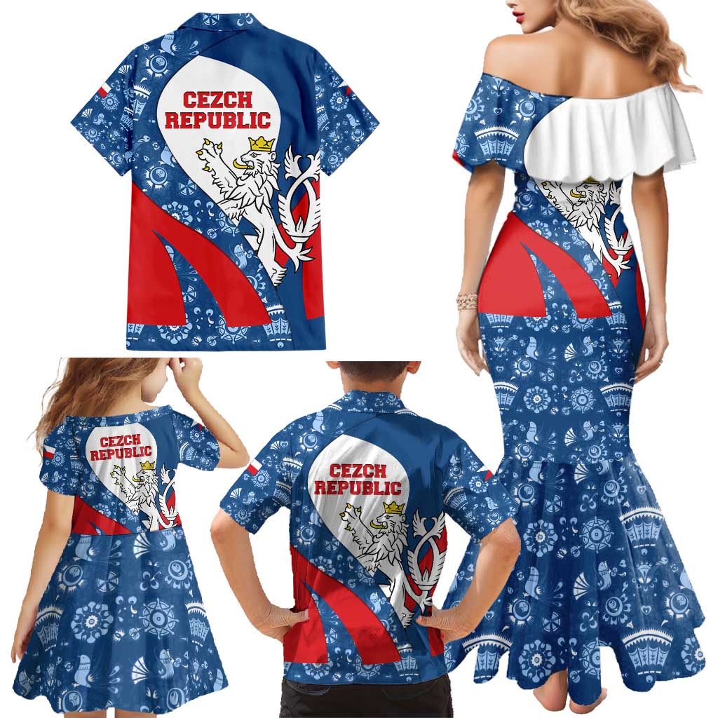 Czech Republic Family Matching Mermaid Dress and Hawaiian Shirt with Blue Red Folk Pattern Design and National Lion Emblem - Wonder Print Shop
