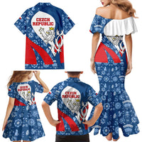 Czech Republic Family Matching Mermaid Dress and Hawaiian Shirt with Blue Red Folk Pattern Design and National Lion Emblem - Wonder Print Shop
