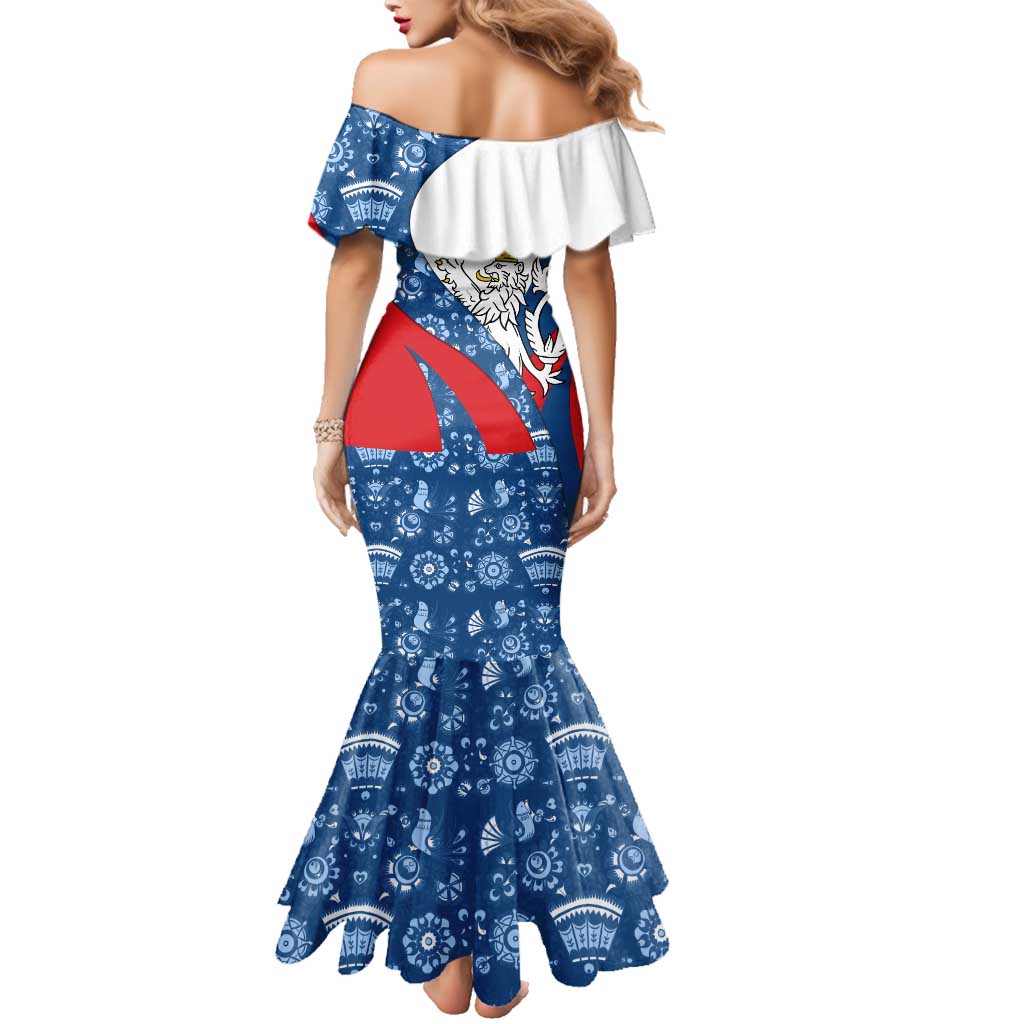 Czech Republic Family Matching Mermaid Dress and Hawaiian Shirt with Blue Red Folk Pattern Design and National Lion Emblem - Wonder Print Shop