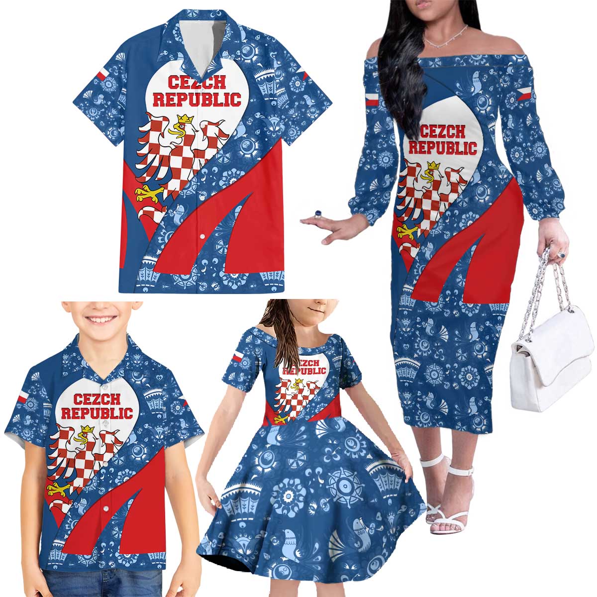 Czech Republic Family Matching Off The Shoulder Long Sleeve Dress and Hawaiian Shirt with Blue Red Folk Pattern Design and National Lion Emblem - Wonder Print Shop