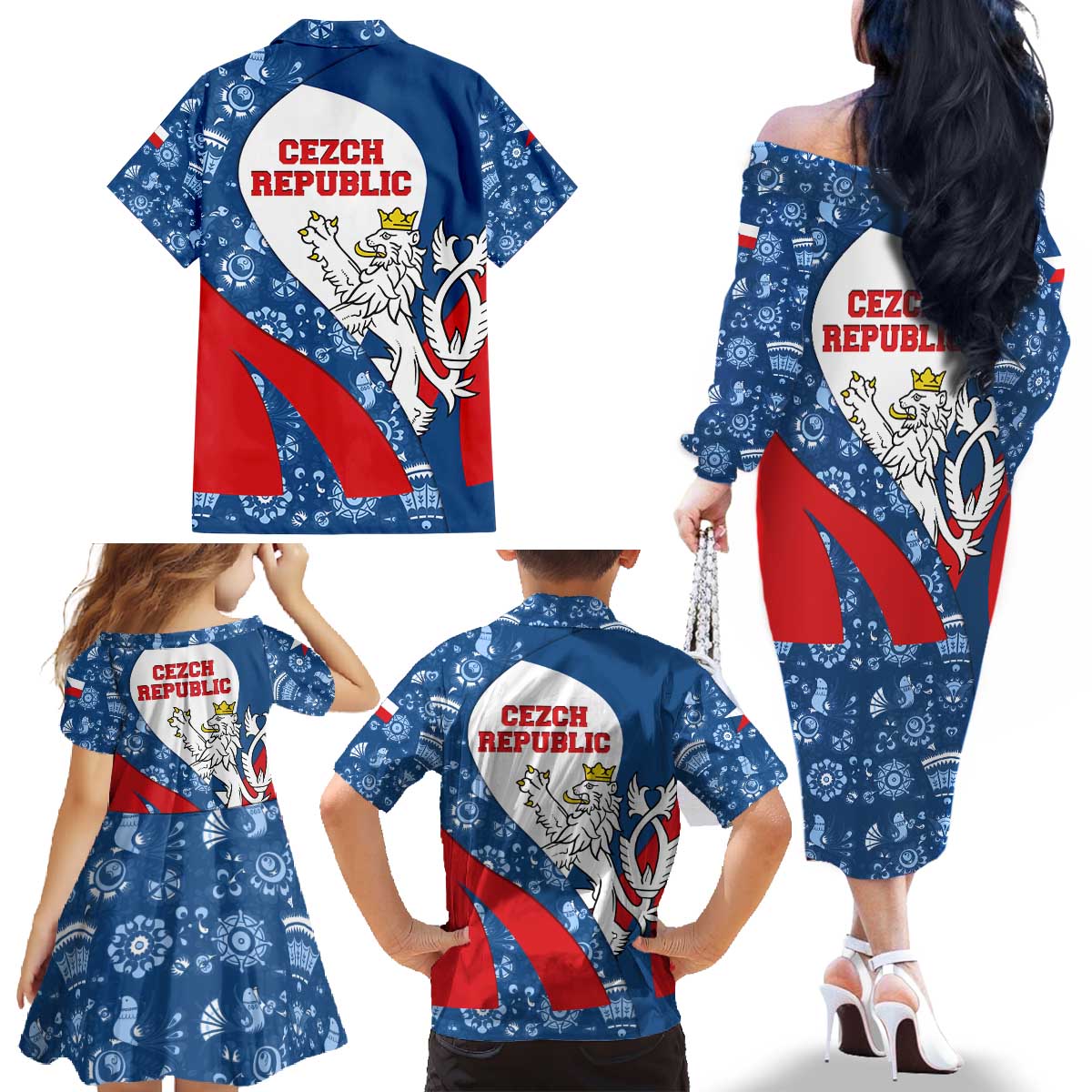 Czech Republic Family Matching Off The Shoulder Long Sleeve Dress and Hawaiian Shirt with Blue Red Folk Pattern Design and National Lion Emblem - Wonder Print Shop