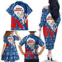 Czech Republic Family Matching Off The Shoulder Long Sleeve Dress and Hawaiian Shirt with Blue Red Folk Pattern Design and National Lion Emblem - Wonder Print Shop