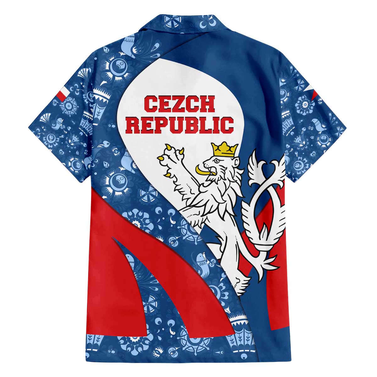 Czech Republic Family Matching Off The Shoulder Long Sleeve Dress and Hawaiian Shirt with Blue Red Folk Pattern Design and National Lion Emblem - Wonder Print Shop