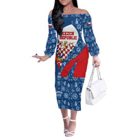 Czech Republic Family Matching Off The Shoulder Long Sleeve Dress and Hawaiian Shirt with Blue Red Folk Pattern Design and National Lion Emblem - Wonder Print Shop