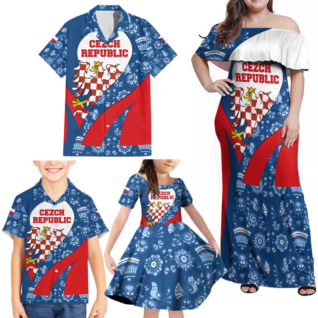 Czech Republic Family Matching Off Shoulder Maxi Dress and Hawaiian Shirt with Blue Red Folk Pattern Design and National Lion Emblem - Wonder Print Shop