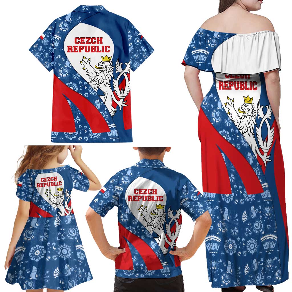 Czech Republic Family Matching Off Shoulder Maxi Dress and Hawaiian Shirt with Blue Red Folk Pattern Design and National Lion Emblem - Wonder Print Shop